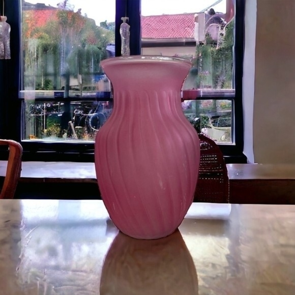 Matte Pink Ribbed Glass Vase 8" Tall Floral Display Vintage Style